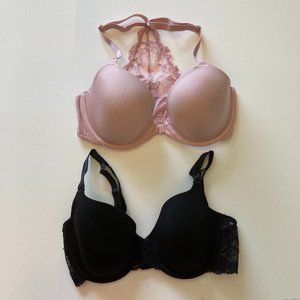 2 Wacoal Bras 34D Underwire Lace Trim Black Back Close Pink Front Close Racerb